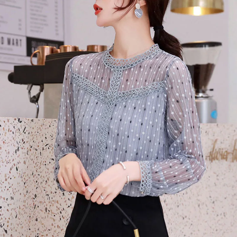 O-Neck Fashion Female Sweet Lace Spliced Printed Shirt 2022 Spring New Long Sleeve Elegant Women\'s All-match Casual Blouses