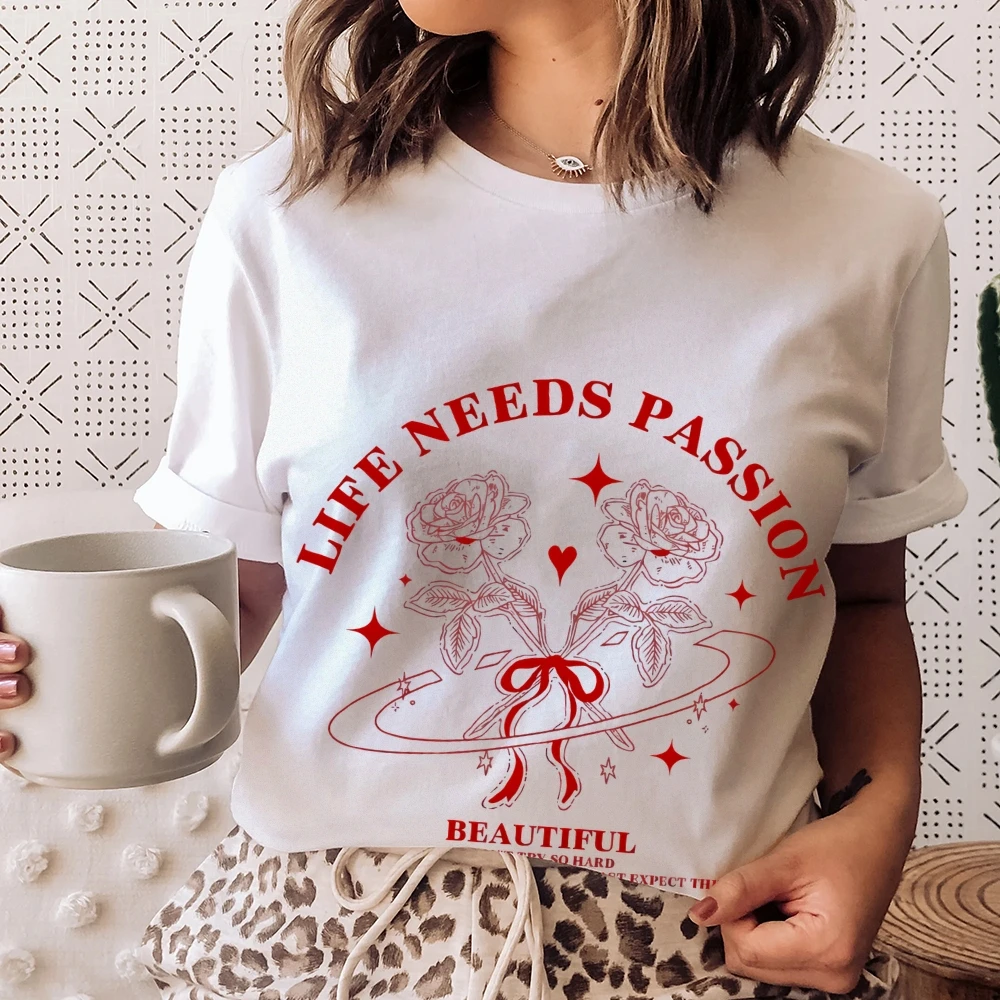 

Slogan T - Shirtwith Red Roses & Celestial Elements, Inspirational & Stylish, Soft Fabric for Casual Daily Wear