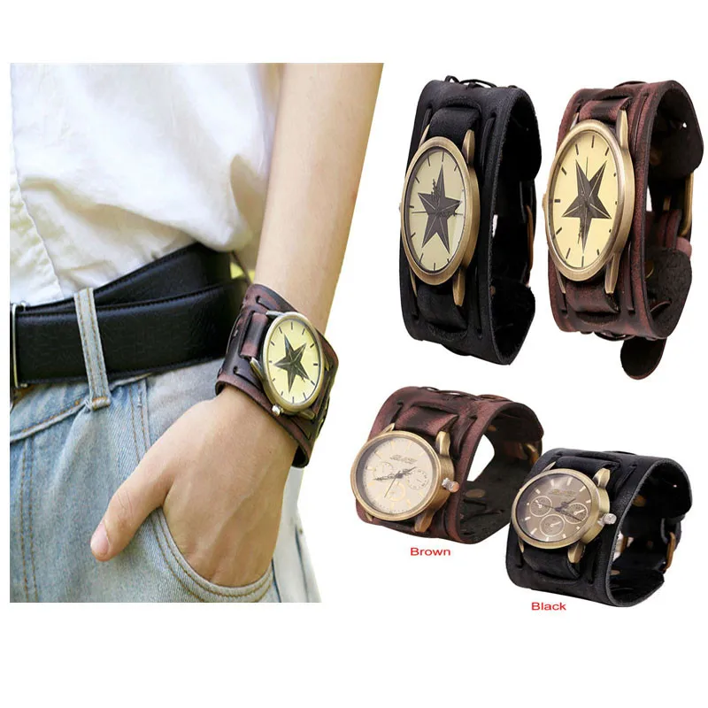 Style Retro Punk  Brown Big Wide Leather Bracelet Cuff Men Watch Cool