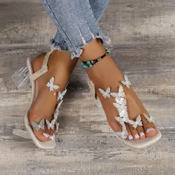 Transparante Vierkante Hak Sandalen Voor Vrouw Luxe Flash Drill Zomer Hoge Hakken Mode Damesschoenen Lage Hakken Sandalias Maat 43