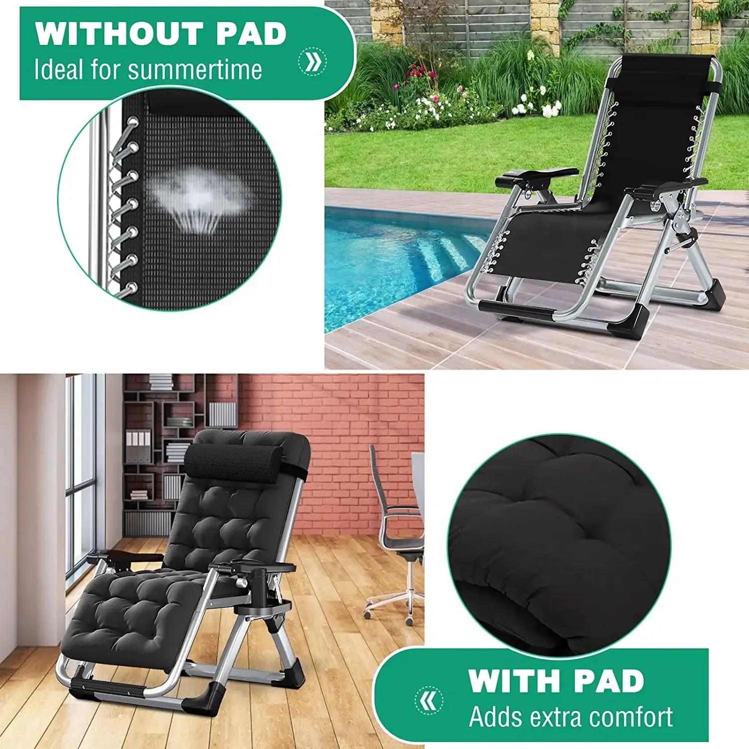 Zero Gravity Chair, Folding Adjustable 1 Indoor Reclining Lounge Chair with Removable Cushion, Headrest and Cup Holder image 6