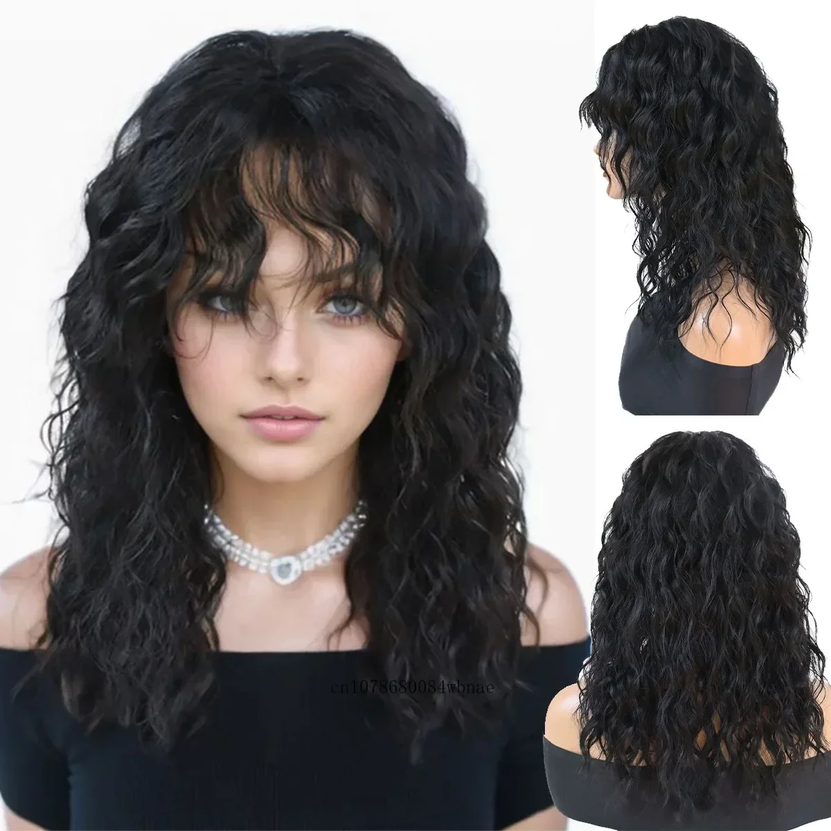 

Black Long Wavy Wigs Synthetic Hair Fluffy Curly Wig with Bangs for Women Daily Costume Halloween Heat Resistant Natural Looking
