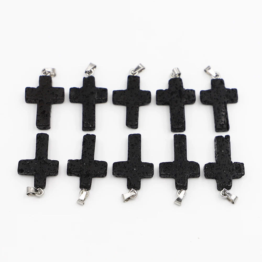 New High Quality Natural Volcanic Stone Cross Pendants Reiki Charms For Men Women Jewelry Making Wholesale 30pcs Dropshipping