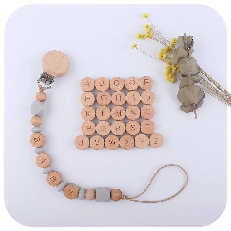 50pcs Flat Round Wooden Alphabet Beads Natural Wood Letter Beads For DIY Baby Teething Necklace Bracelet Pacifier Clip Chain