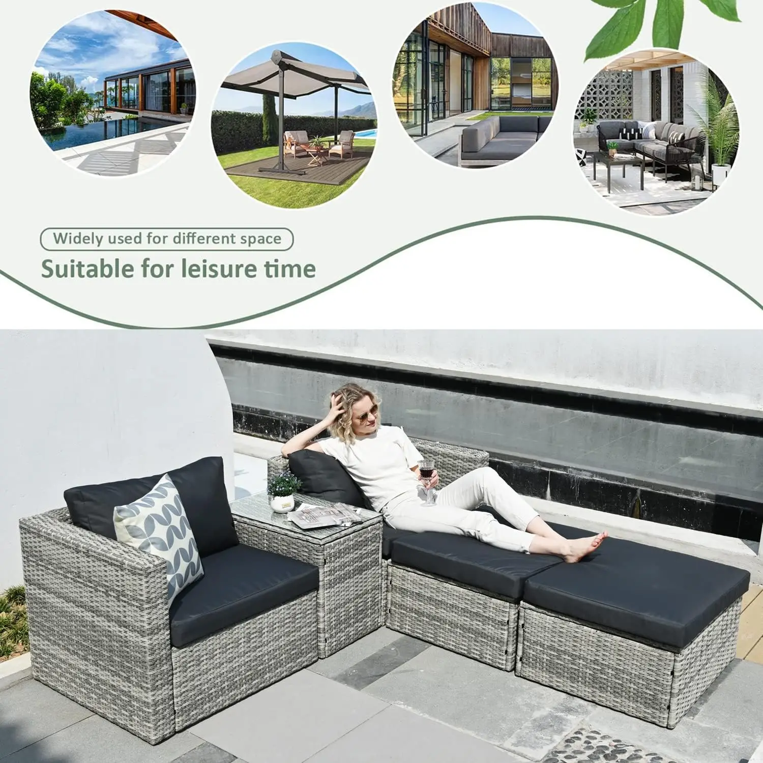 Patio Furniture Set 5 Pieces Outdoor Conversation Set All-Weather Wicker Rattan Sectional Sofa With Ottoman Cushions Pillows