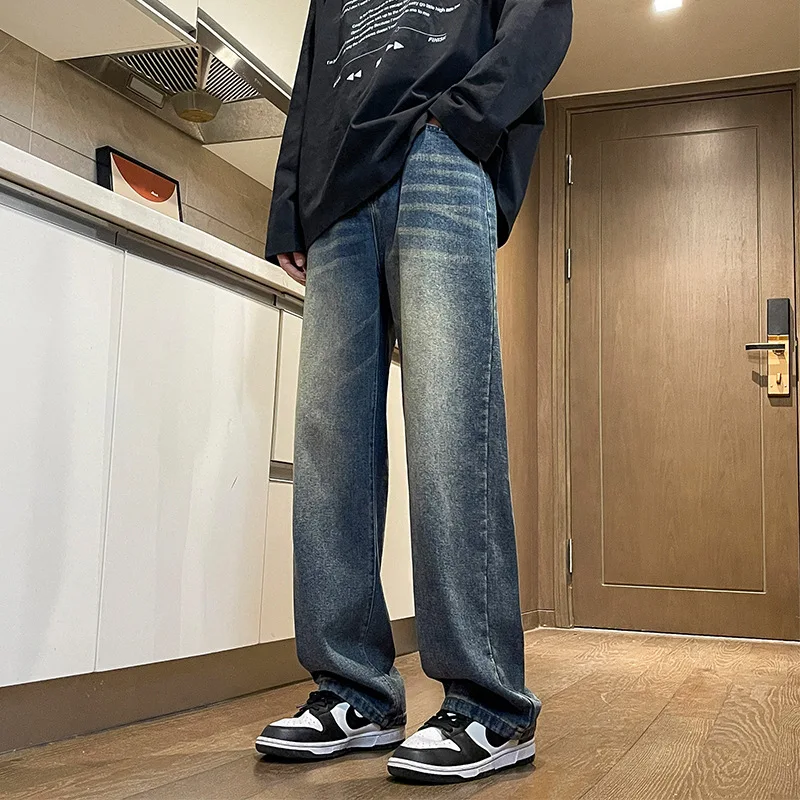 

New retro blue jeans men's straight leg loose autumn spring pants trendy brand cool American high street wide leg pants
