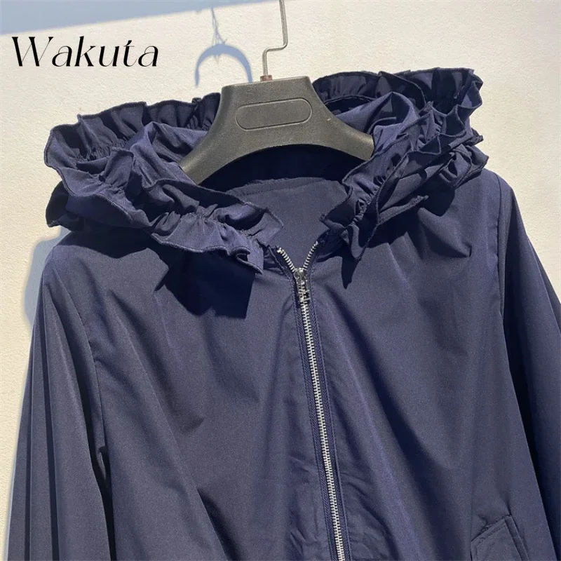 WAKUTA Japanese Blogger Fashion Loose Hooded Lace-up Coats Spring and Fall Niche Fashion Versatile Jackets Female 방수자켓 بلوزات