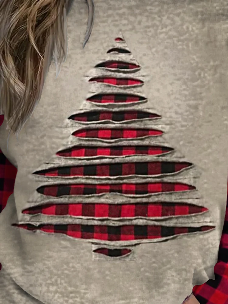 مقاس كبير - سويت شيرت نسائي بطباعة مجوفة لشجرة عيد الميلاد مقاس كبير - تصميم مرقع منقوش باللونين الأحمر والأسود #4