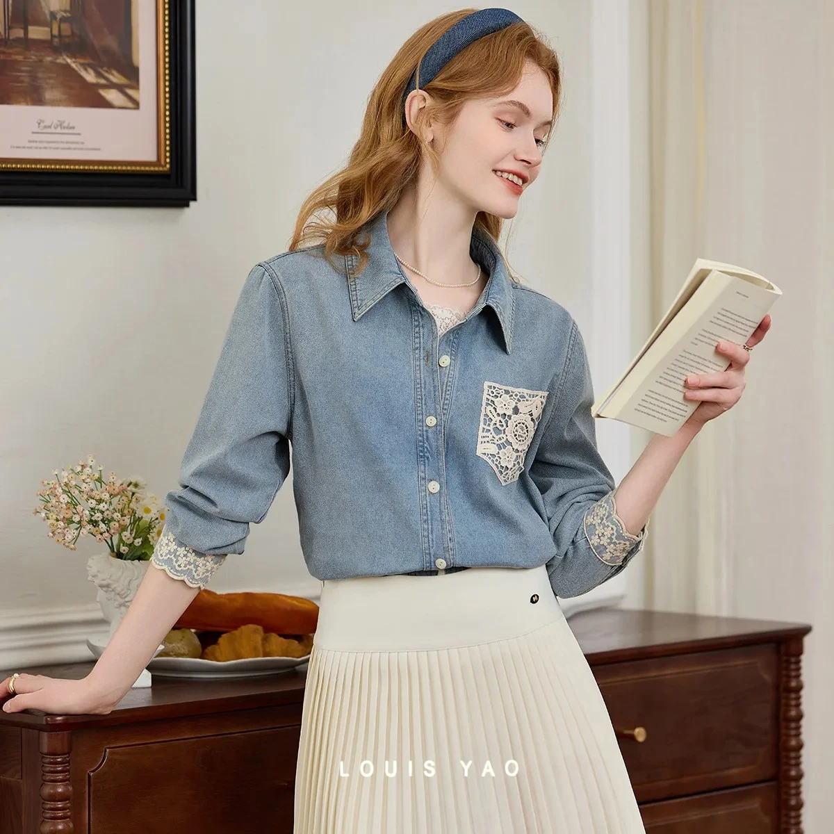 

LOUIS YAO Women's Denim Blouses 2026 Spring Lace Trim Casual Long Sleeve Button Down Cardigan Top Women Denim Shirt