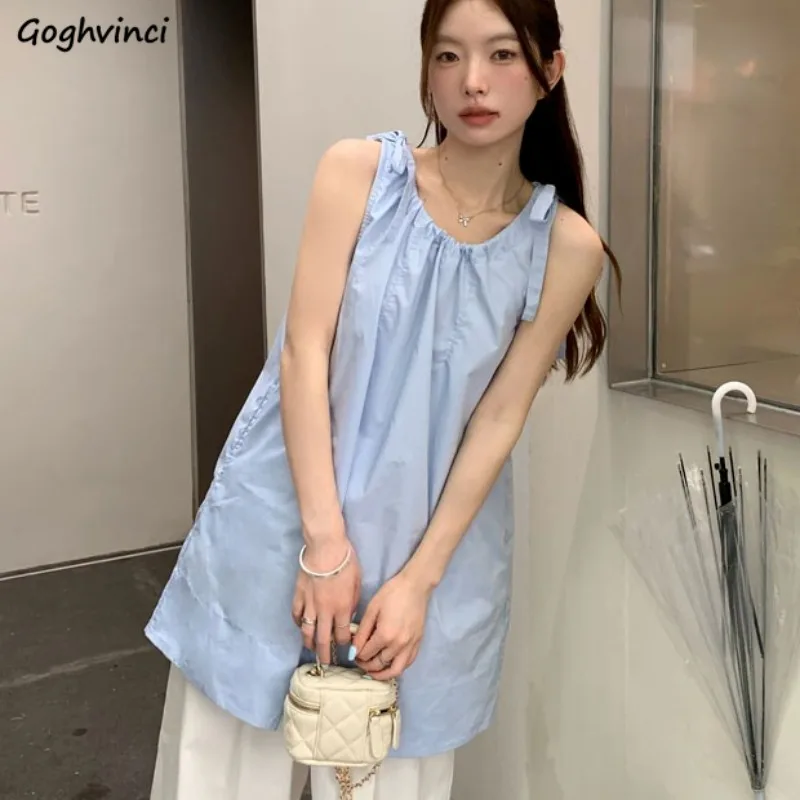 

Sleeveless Mini Dress Women Loose Lace-up Sweet Spaghetti Strap Streetwear All-match Summer French Style Off Shoulder Fashion