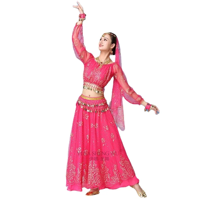 Women Indian Dance Sari Belly Dance Adult Bollywood Dress Costume Outfit Performance Clothes Chiffon Long Sleeve Top Belt Skirt