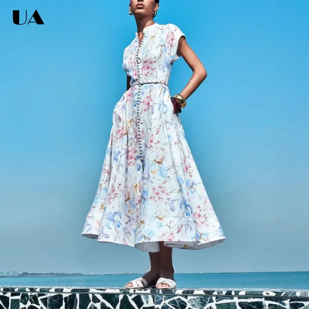 

Summer New Printed A-line Midi Dress with Short Sleeve Vacation Style Half-high Neck Dresses for Women Trendy Button Long Dress