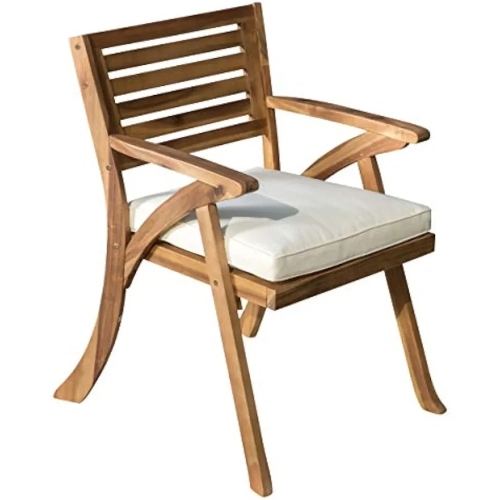 Outdoor chairs，Acacia Wood Arm Chairs, 2-Pcs Set, Teak Finish / Cream  27