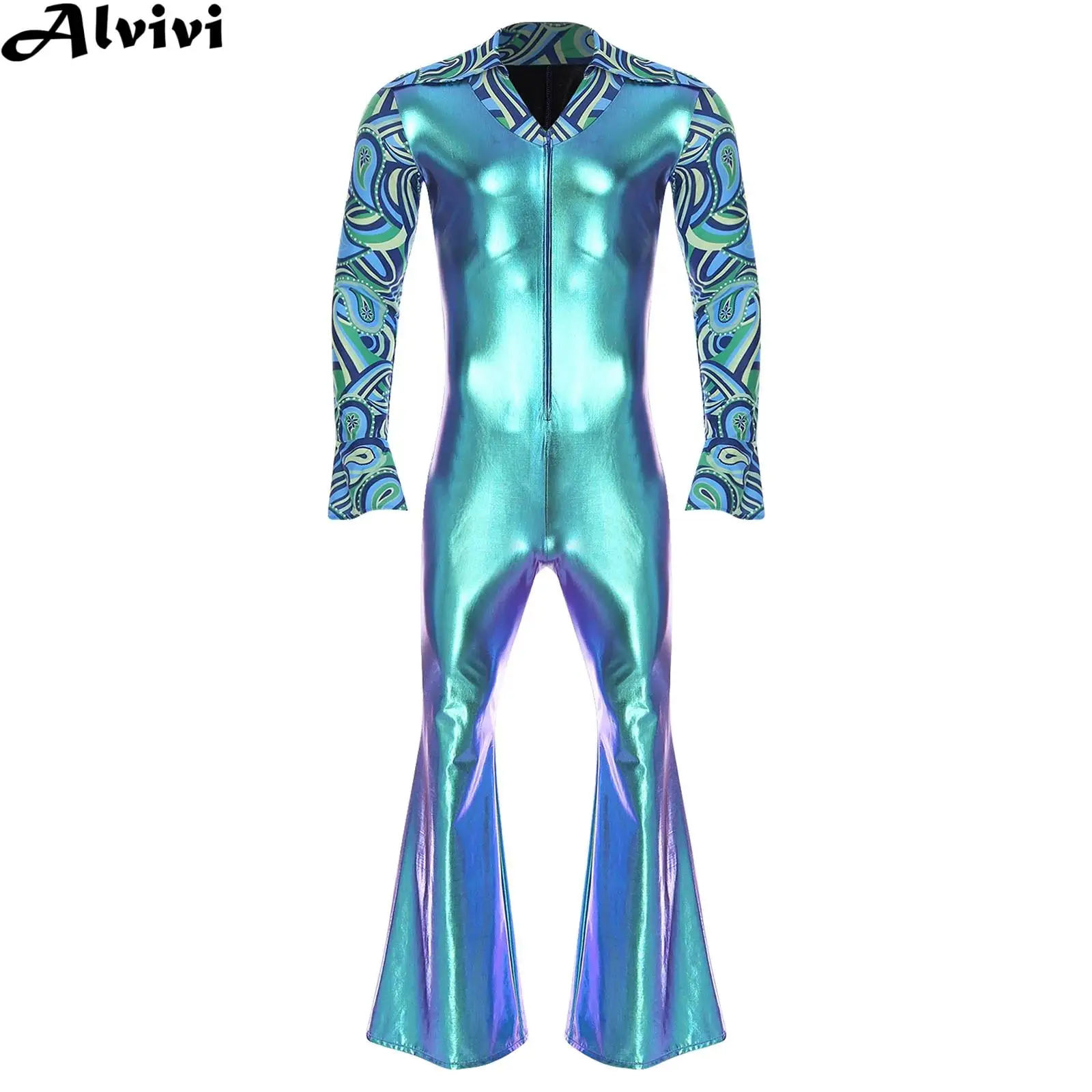 Men Hippie Cosplay Costume Retro Disco Jazz Dance Jumpsuit Lapel V Neck Flare Sleeve Bell Bottom Rompers for Halloween Carnival