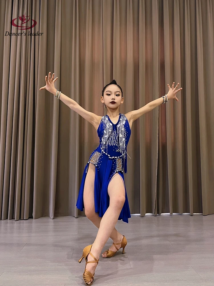 ラテンダンス衣装ラインストーンガール大人と子供ハイエンドカスタマイズされたネイビーブルースプリットスカートサンバパフォーマンスドレス
