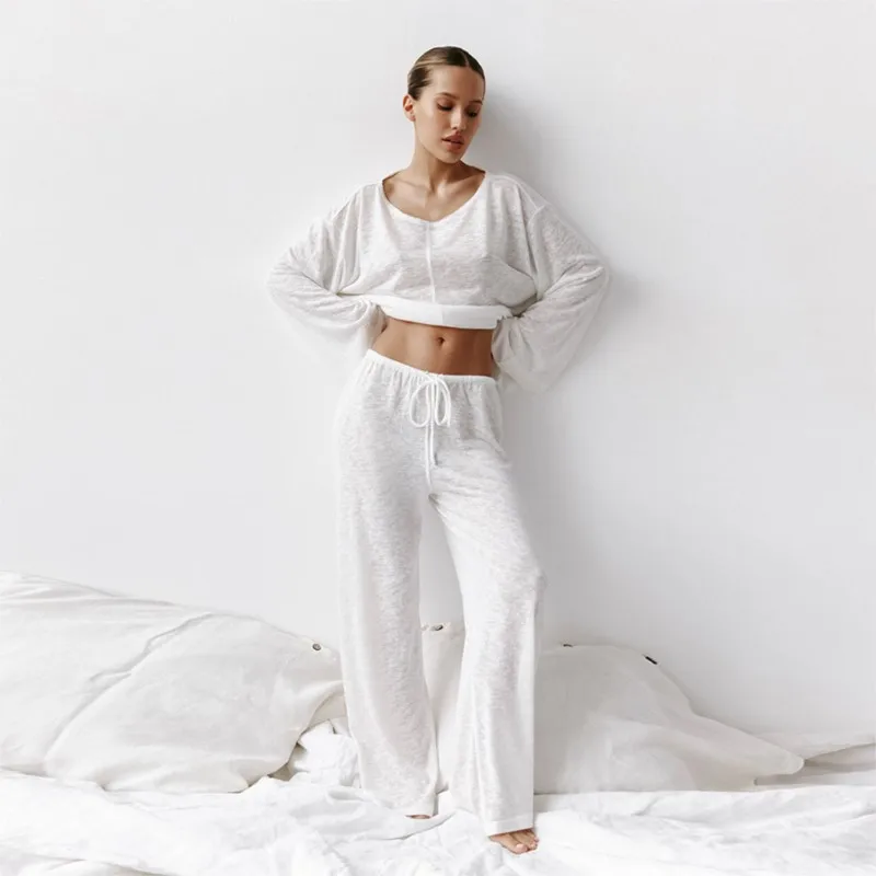 

White Pajamas For Women 2 Piece Sets Loose Long Sleeve O Neck Sleepwear Female Casual Trouser Suits 2024 Autumn Solid Nightwear