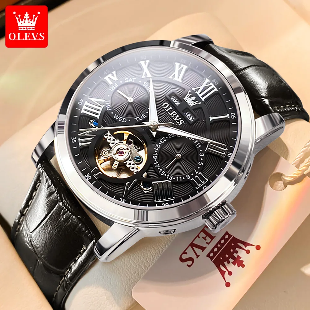OLEVS Topmerk automatisch horloge voor heren chronograaf maanfase kalender lederen band heren quartz horloge waterdicht polshorloge