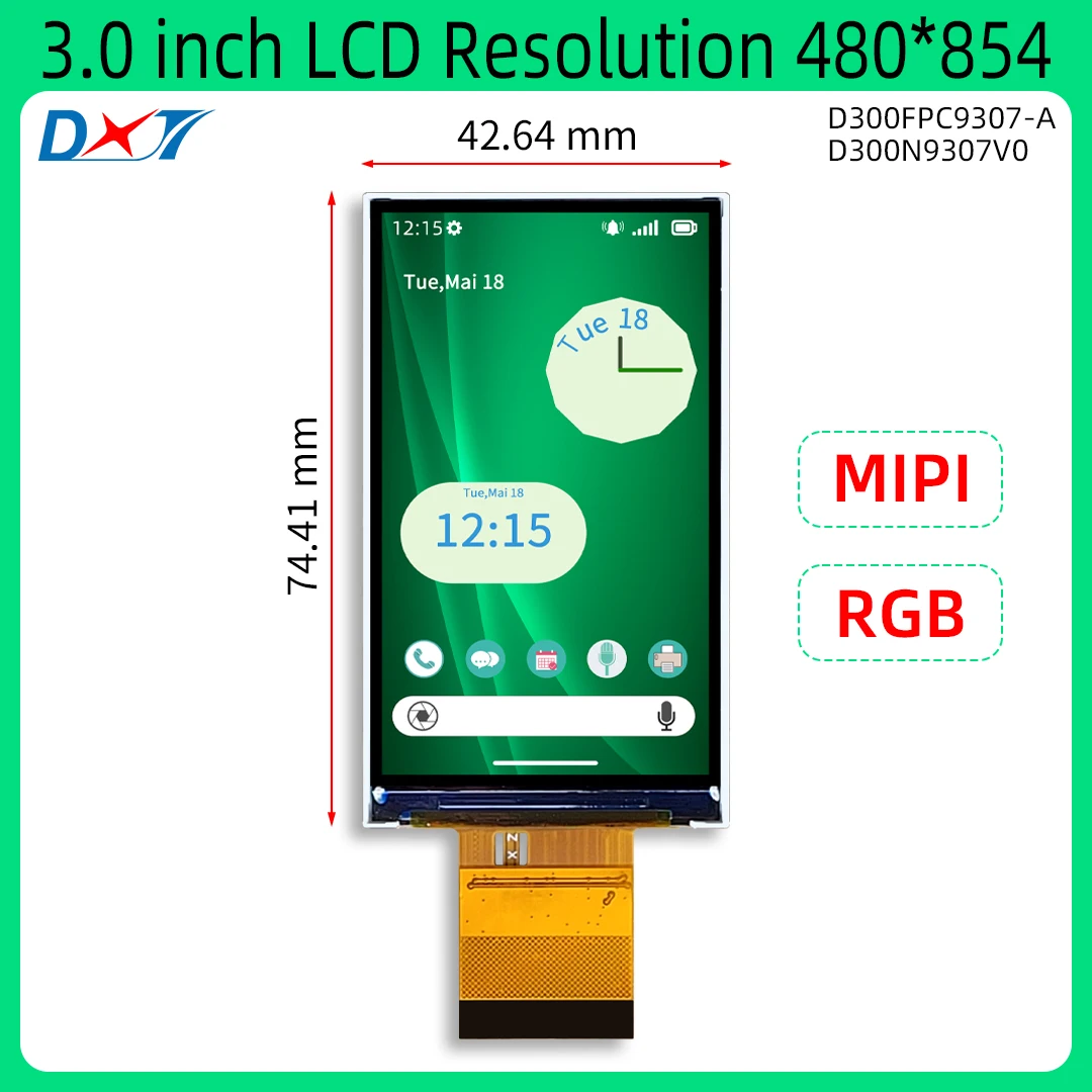 LCD 디스플레이 모듈, ST7701S 해상도, 480x854, 2.95 인치, 3 인치 TFT, RGB 565, MIPI RGB565, 3.0 인치 D300FPC9307-A