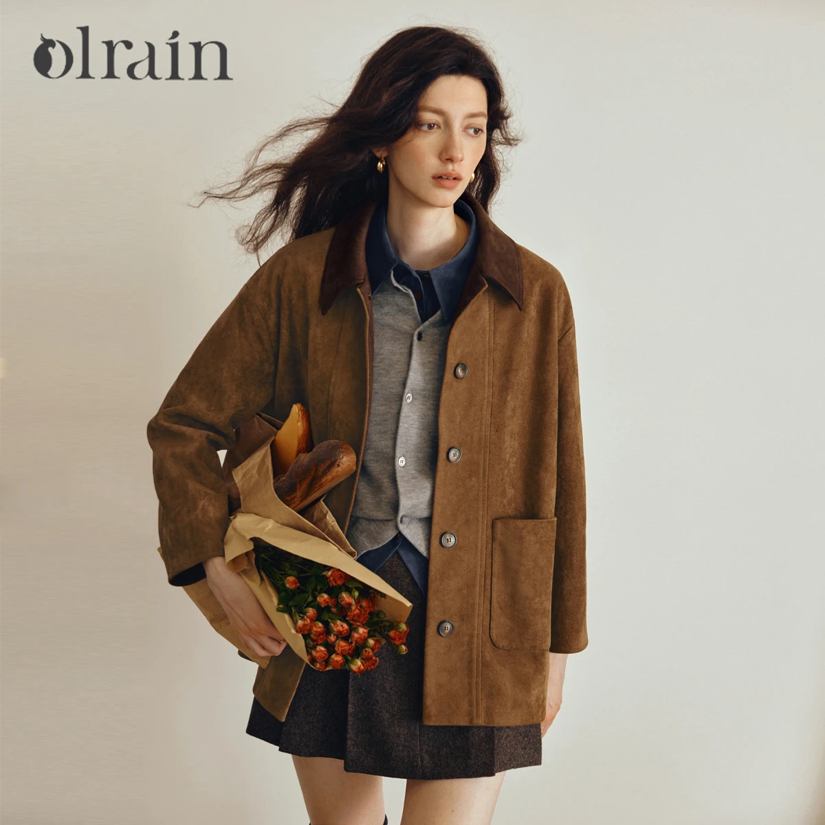 OLrain Giacca in pelle scamosciata sintetica Cappotto casual da donna con vestibilità ampia e colore a contrasto 2025 Autunno Nuovo arrivo Colletto rovesciato GO57QW000986