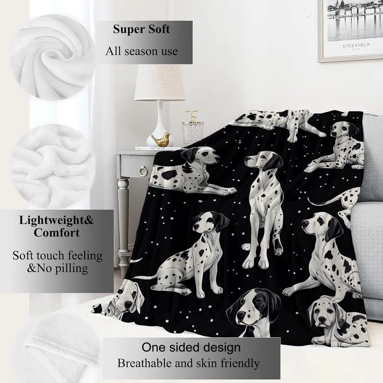 Multiple Posture Dalmatians White Speckle Repeat Pattern Comfortable Fleece Blanket Fit Sofa Bed Animal Simple Household Decor
