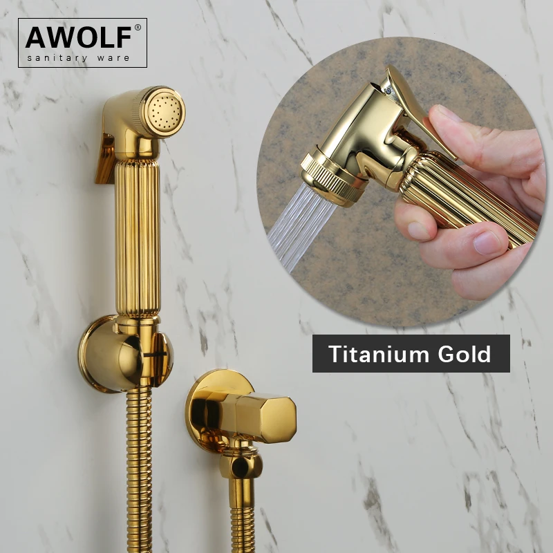 

Awolf Titanium Gold Handheld Toilet Bidet Sprayer Solid Brass Hygienic Shower Head Shattaf Set Bidet Faucet Douche Kit AP2106