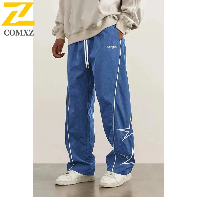 COMXZ American Sports Pants Men 2025 Spring Autumn Fashion Printed Loose Trousers Street Clothing Casual Wide Leg Cargo Pants