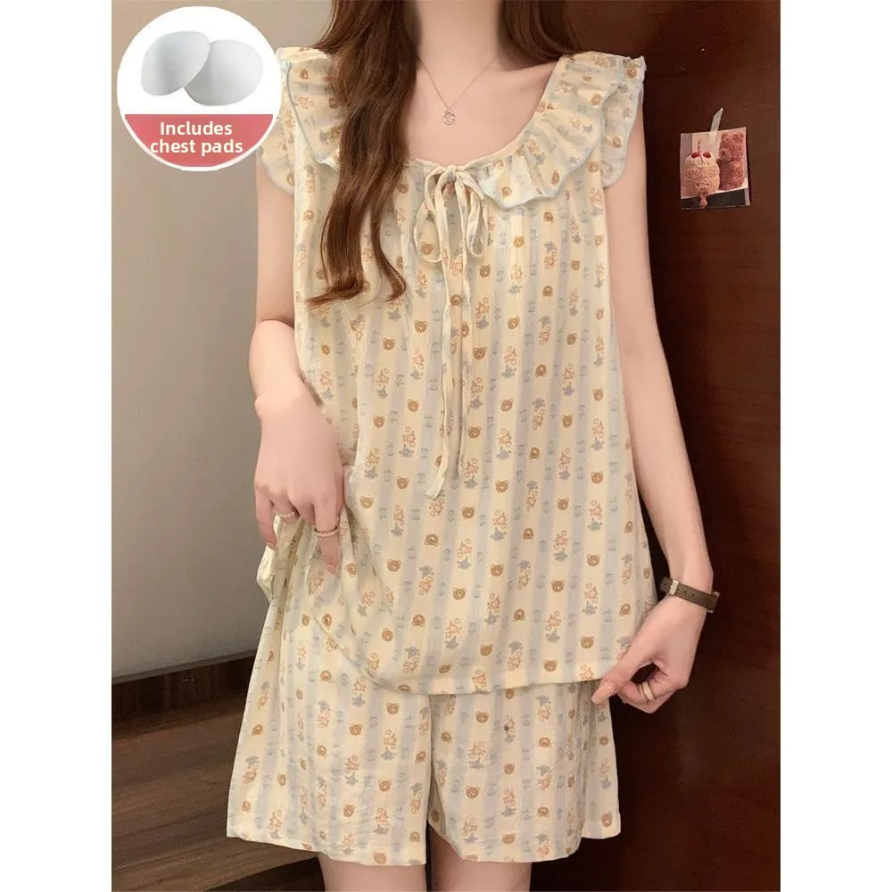 

Cartoon Bear Cloud Cotton Vest Shorts Sleepwear Women's Set Summer 2026 New Style with Chest Pad Sweet Home Clothes