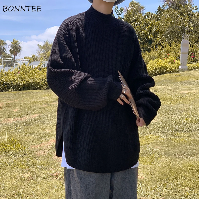 

Pullovers Men Baggy Pure Color Simple Knitting Ulzzang High Street Trendy Handsome Side Slit Popular Male College Teens Clothing