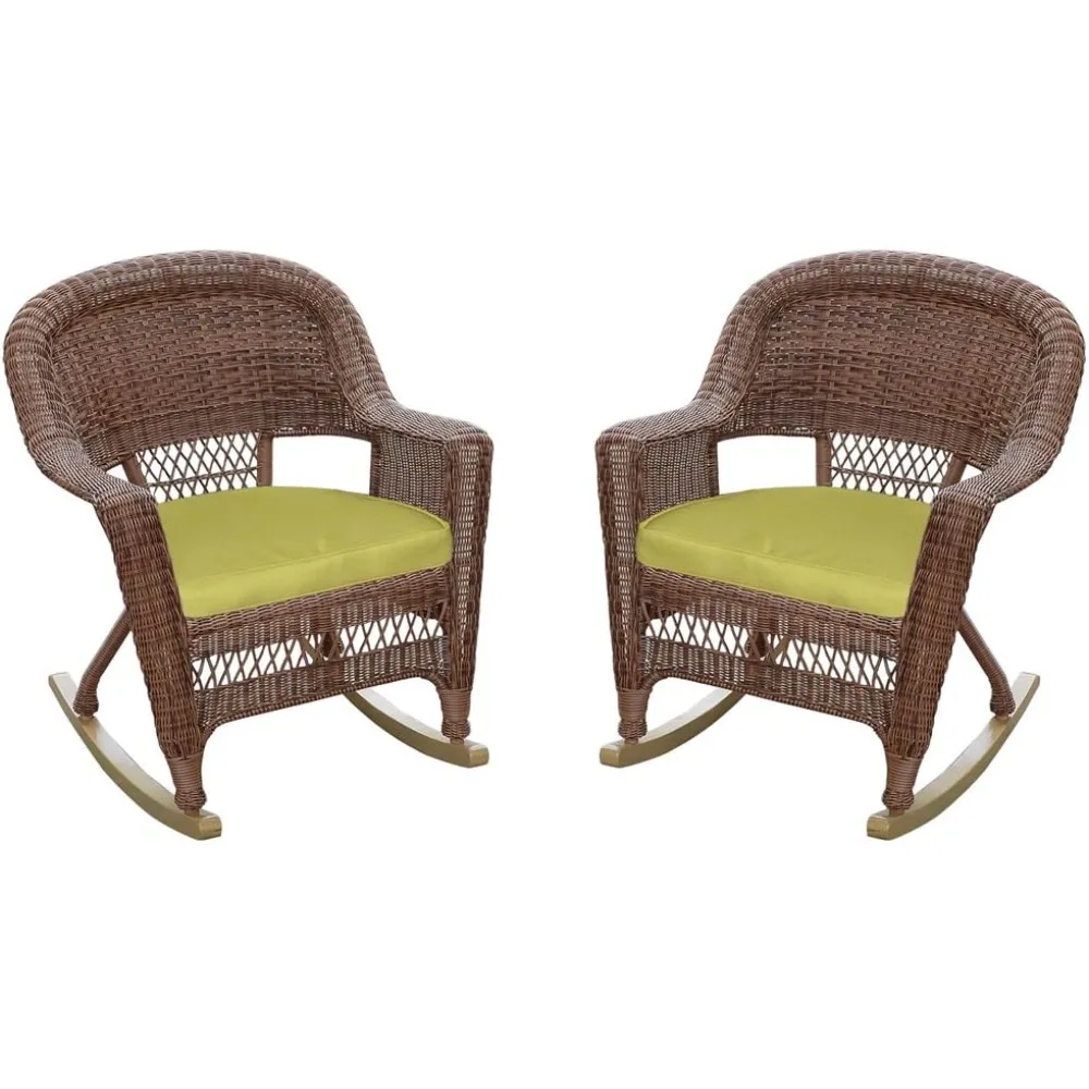 Rocker Korbstuhl mit grünem Kissen, 2er-Set, Honig