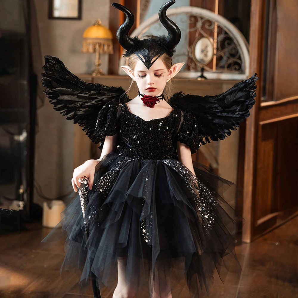 Cosplay Villain Vestidos New Girl Costume Black Princess Witch Dress Carnival Easter Halloween Party Costumes for 3-10 Years