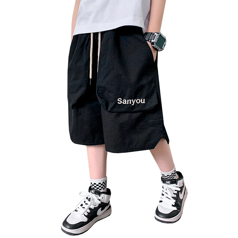 Big Boy Loose Style Cotton Shorts With Pocket Child Summer Elastic Waist New Fashion Knee Length Short Pants Kids 5-14 Years Old