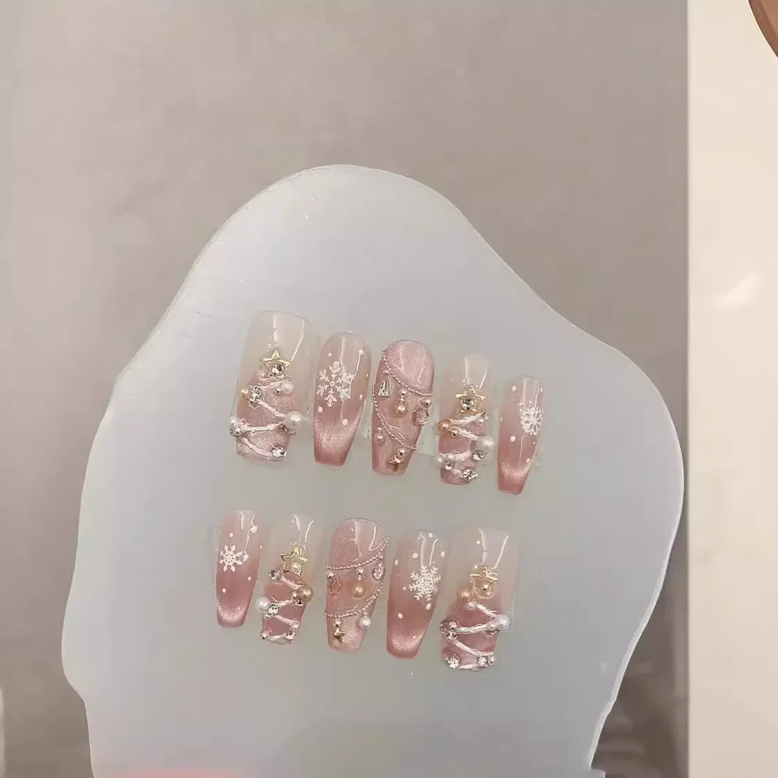 Christmas Press On Nails Handmade Pink Sweet Christmas Tree Pearl Diamond Snowflake Fake Nail Patch Removable and Reusable