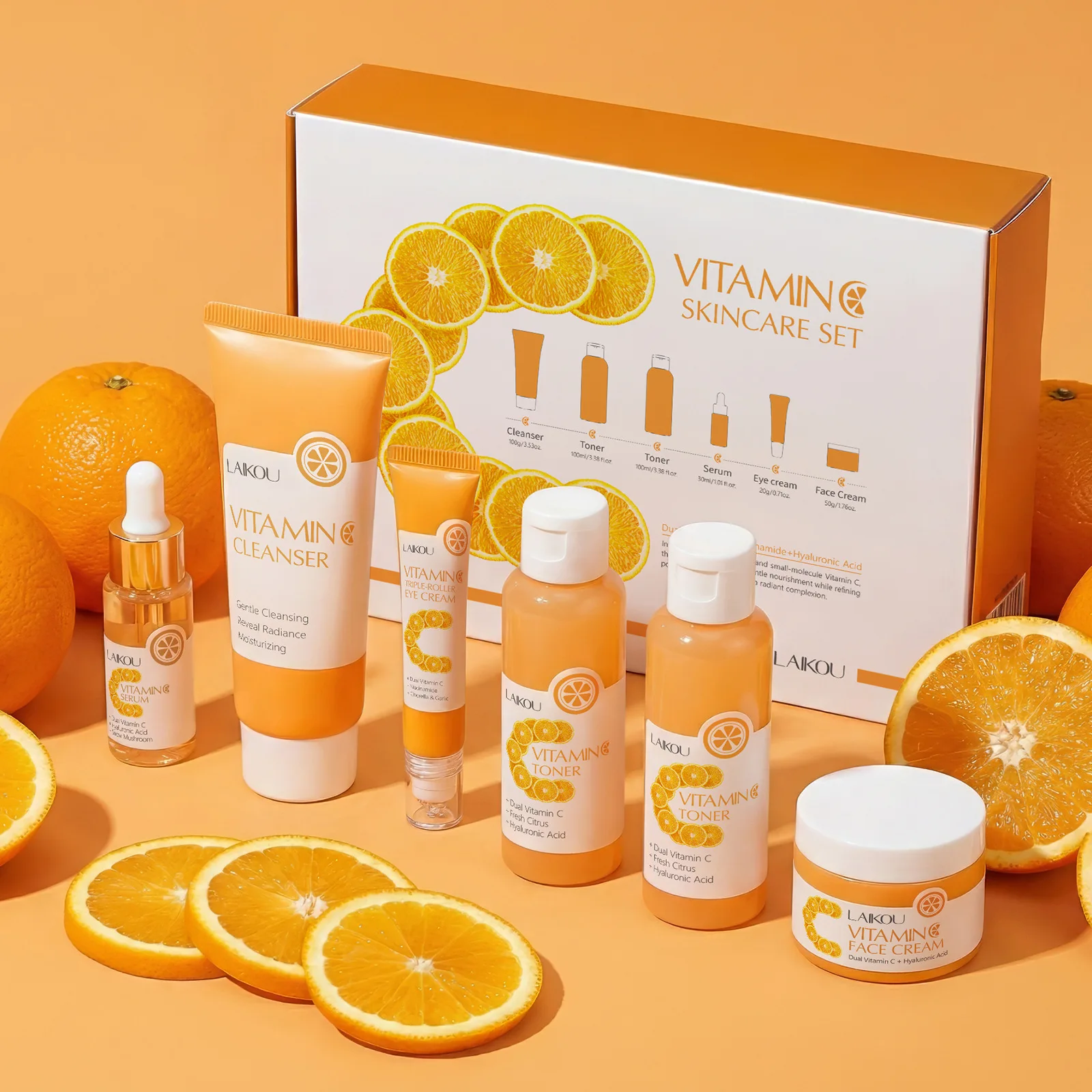 LAIKOU Vitamin C 6 Piece Skincare Set, Brightening Anti Aging Face Care Kit, Large Size Daily Skin Care Routine Set Value Set