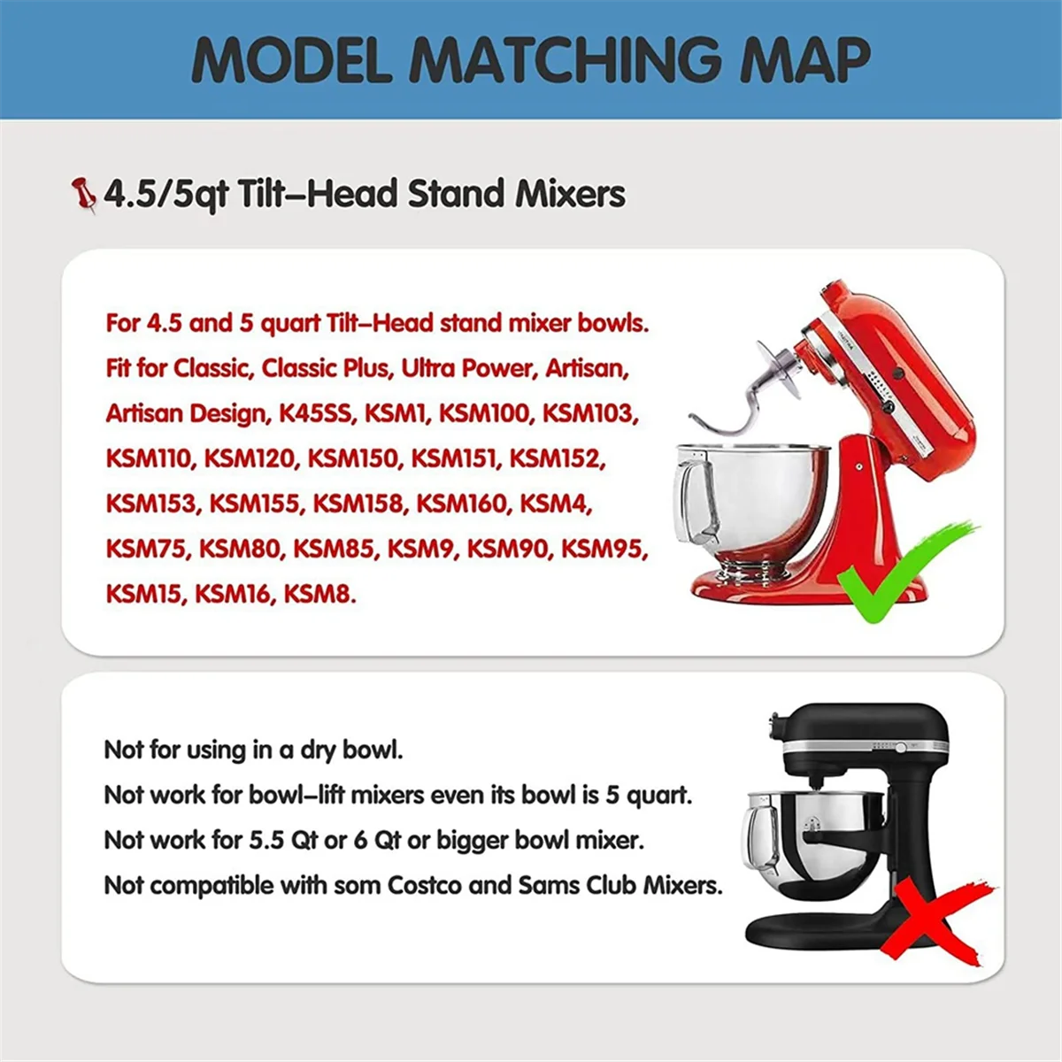 Gancho de masa en espiral de acero inoxidable para mezclador de pie KitchenAid, se adapta A Tazón de mezcla 4,5-5 QT para mezcladores con soporte de cabeza inclinable