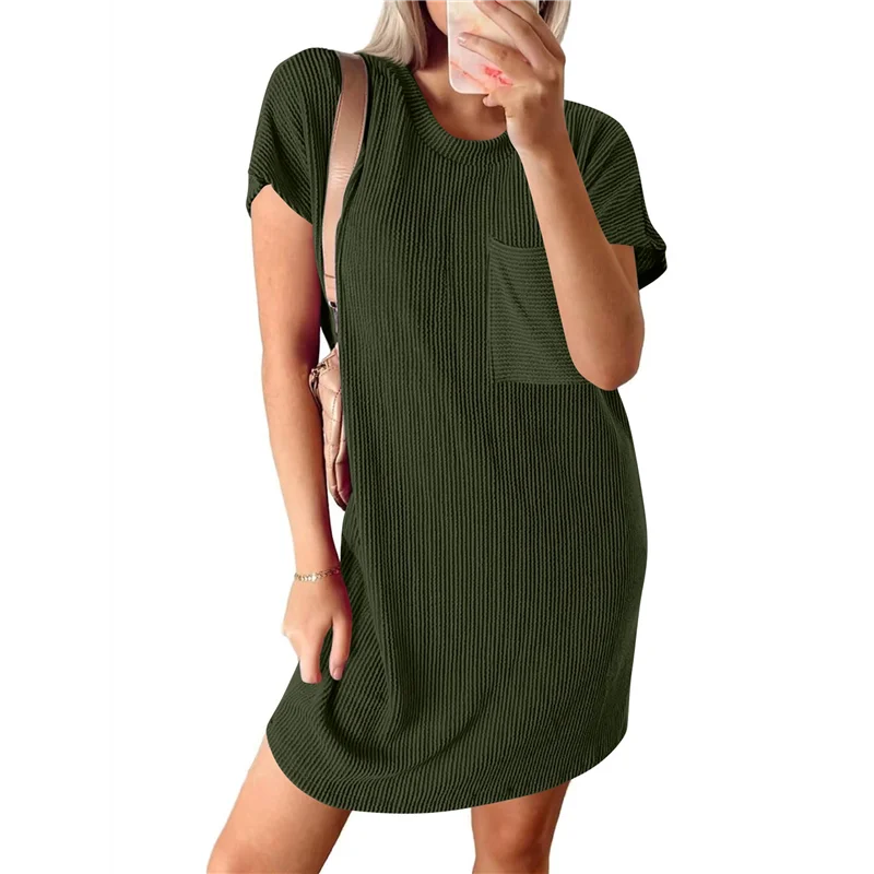 ASDS-Mini robe t-shirt côtelée à manches courtes et col rond pour femme, décontractée, été