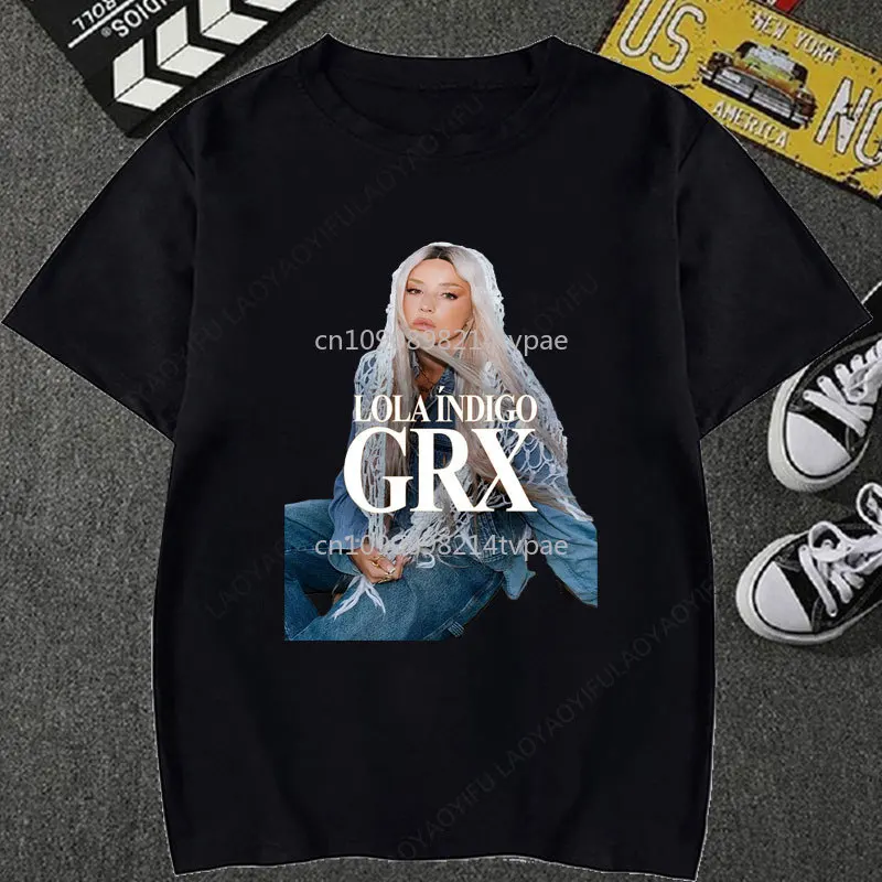 Camiseta con estampado de jugador Lola Indigo GRX, Material barato, moda de poliéster, música, moda Y2k, ropa para mujer
