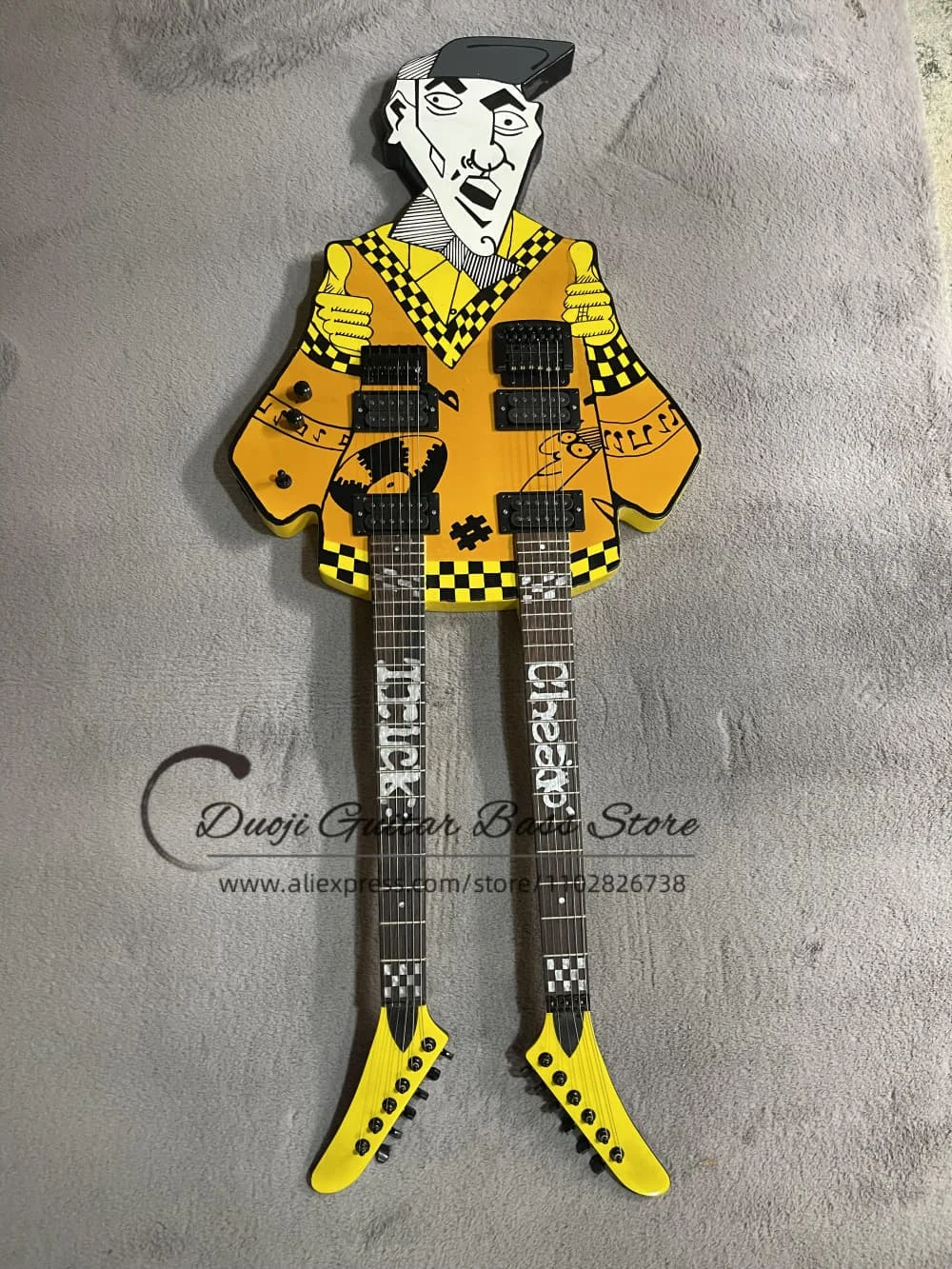 Double-neck guitar, yellow guitar with black grid, high-quality bridge, cheap trick graffiti guitar, solid wood body maple neck