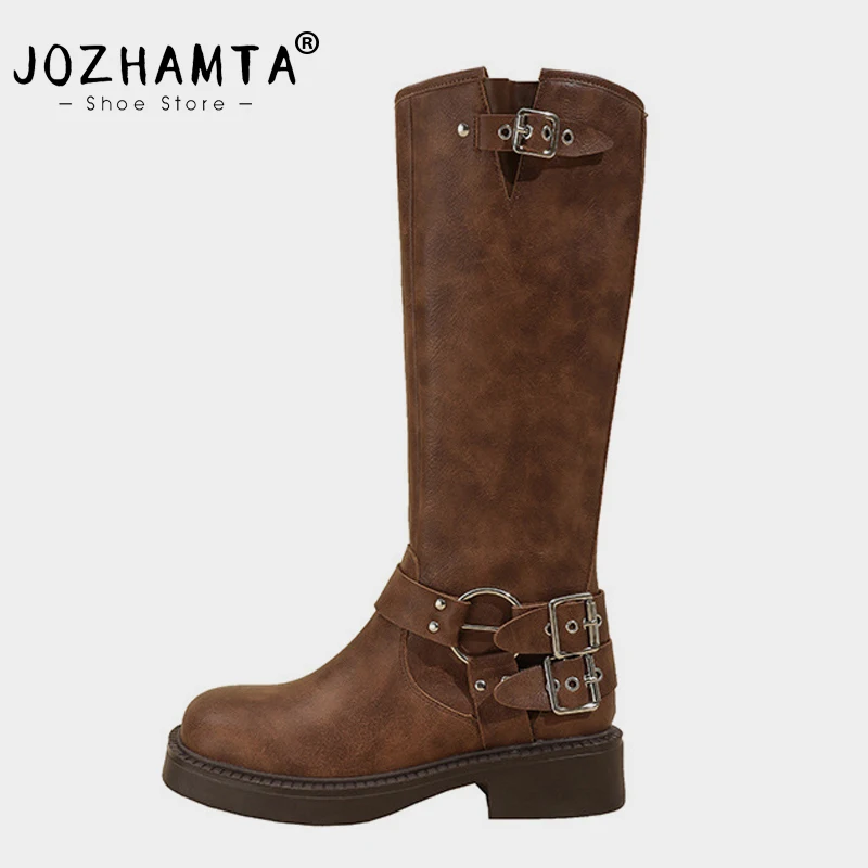 JOZHAMTA Size 35-40 Women Knee Boots Soft Leather High Heels Winter Shoes Woman Punk Long Boots Retro Goth Western Knight Boots