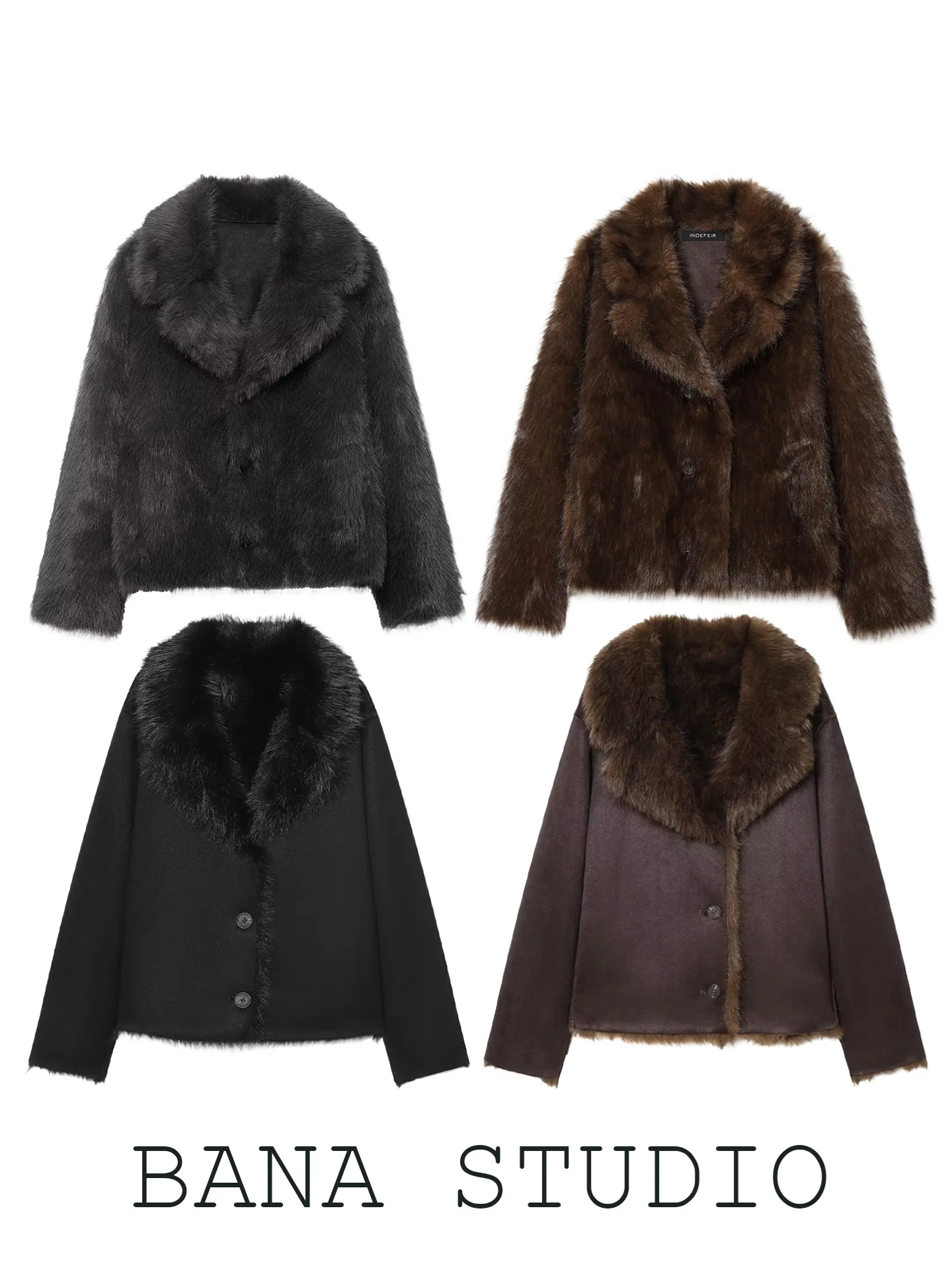 

BANA Thickened Black V-neck Double-sided Wear Faux Fur Integrated Leather Coat Women's Style Casual Loose Fit Long Sleeve