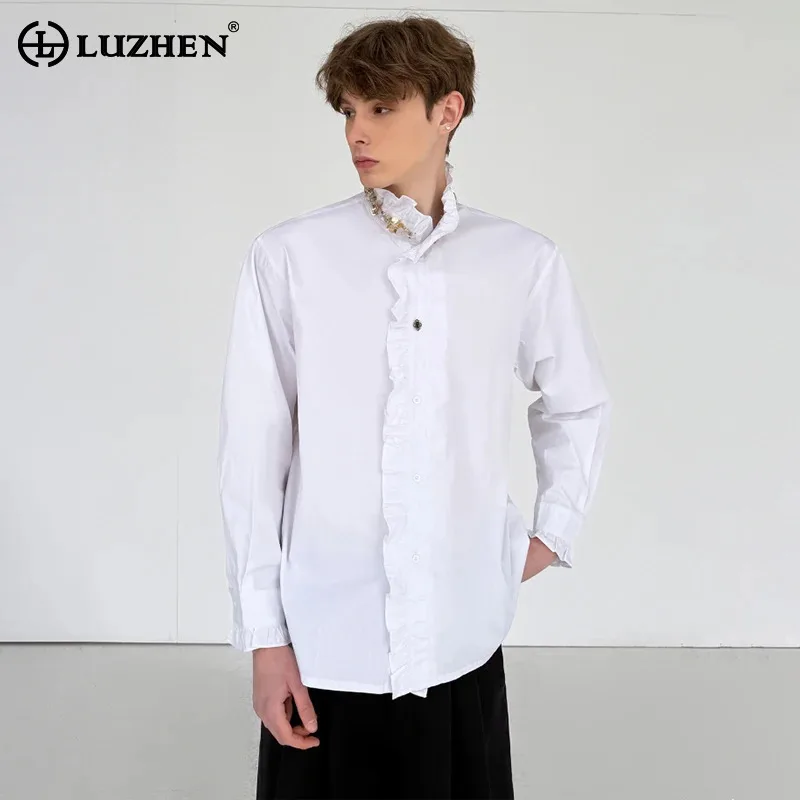 

LUZHEN Original Sequin Patchwork Ruffle Stand Neck Long Sleeve Shirt Men's 2025 New Solid Color High Quality Elegant Tops JY3226