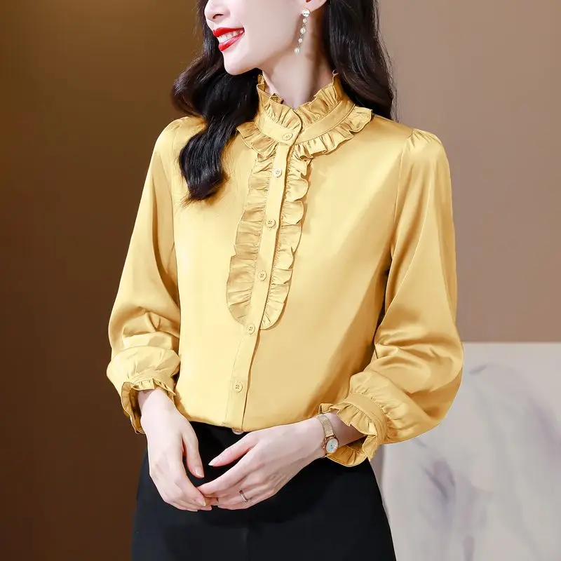 spring autumn stand collar Long Sleeve shirt women Solid color Button Cardigan elegant satin face edible tree fungus Pleated top