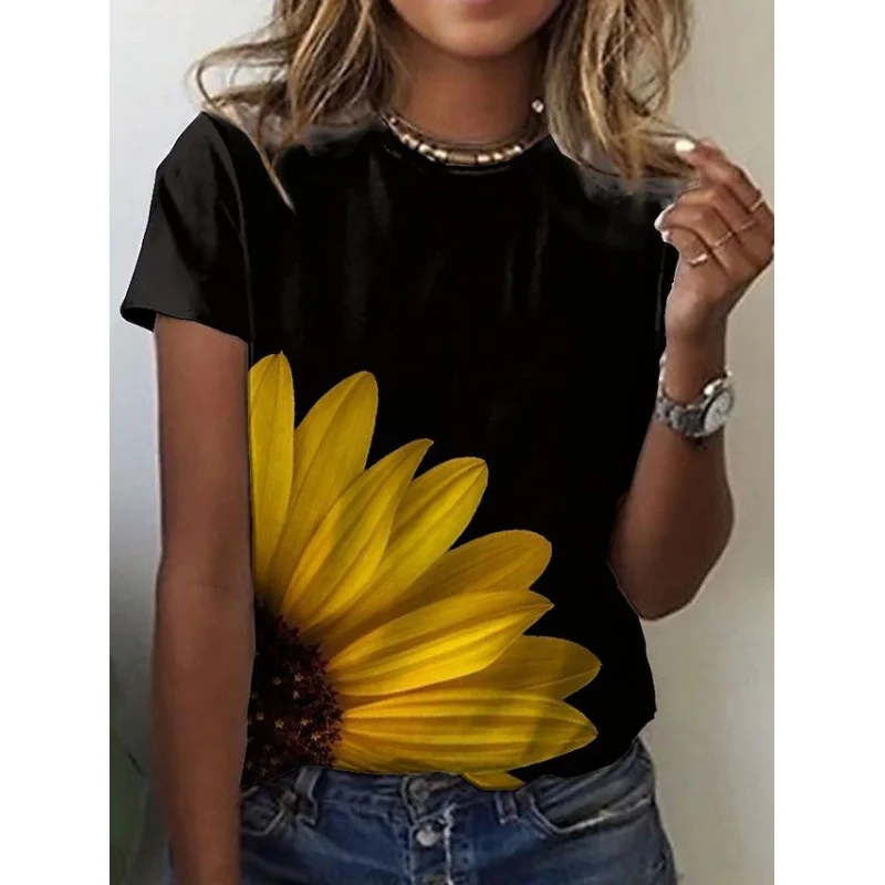 T-shirt con motivo floreale girasole per donna T-shirt con stampa 3D animale gatto T-shirt oversize moda maniche corte girocollo top