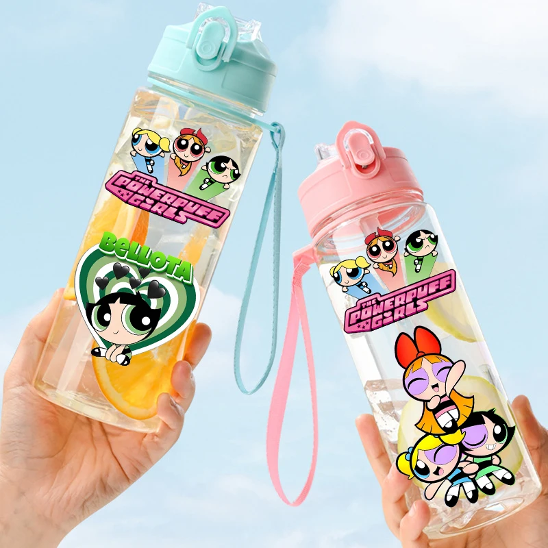The Powerpuffs Girls Wasserflasche mit Strohhalm, niedlicher 900-ml-Becher für Kinder, Outdoor-Sport, große Kapazität, Becher für Kinder, Kunststoff-Wasserkocher, Geschenk