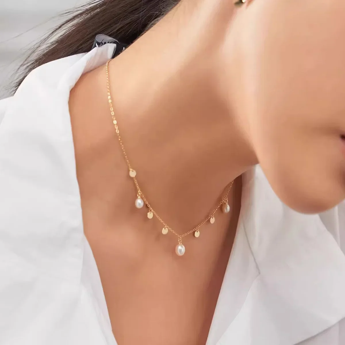 

YWYC 5-6mm Rice Shape Freshwater Pearl Necklaces for Women Girls 36cm+5cm Adjustable Tassel Collar Chain Necklaces Jewelry Gift