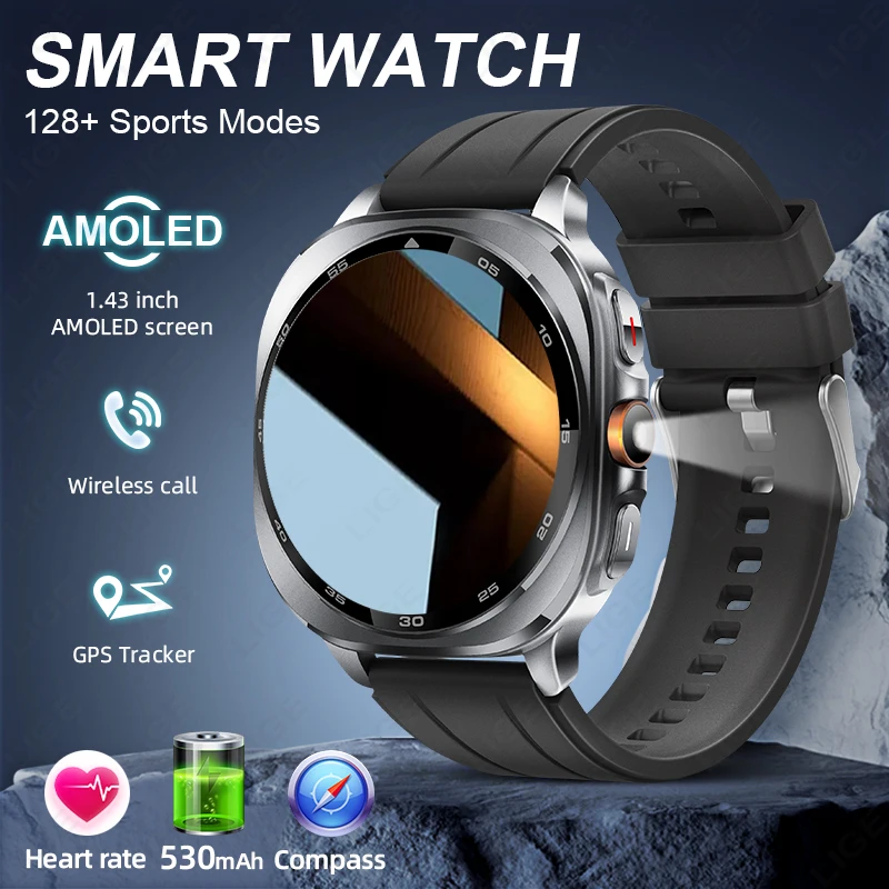 

Новые спортивные умные часы для мужчин, встроенные GPS, 1,43 дюйма, AMOLED, Bluetooth-вызов, несколько спортивных режимов, водонепроницаемые умные часы 3 атм, фонарик