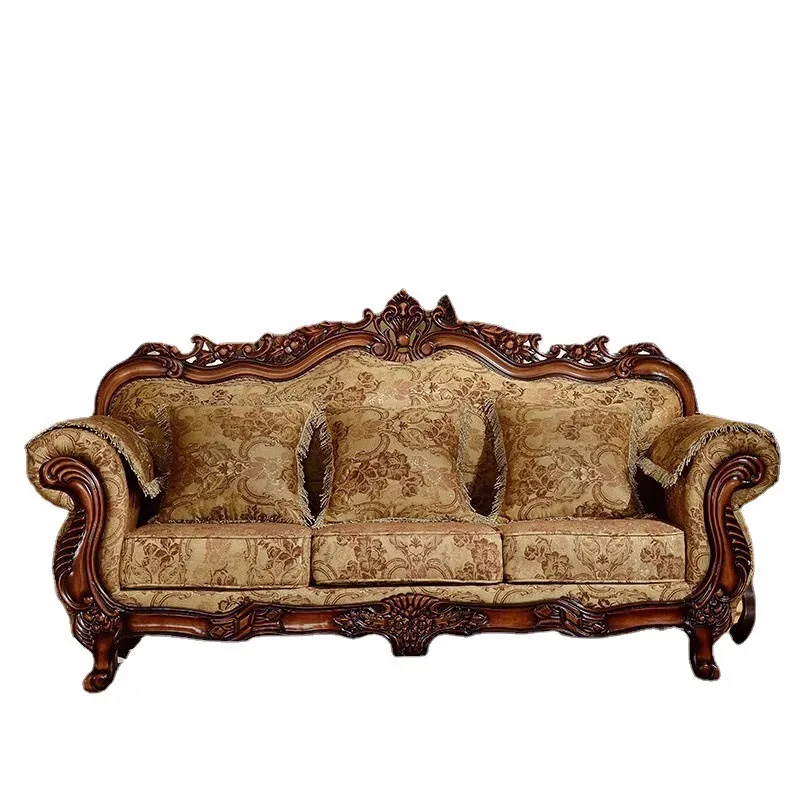 Fabric sofa 123 combination solid wood carving flower living room set American small apartment removable and washable solid wood