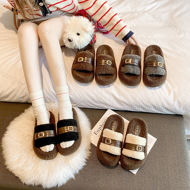 

Винтажные женские плюшевые тапочки, осенние уличные хлопковые тапочки с пряжкой на ремне, теплая удобная нескользящая повседневная обувь