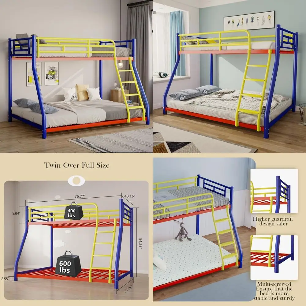 سرير مزدوج بطابقين كامل للبالغين مع حاجز أمان وسلم، إطار سرير ملون كامل الحجم، خيار T للسرير الدائري #1