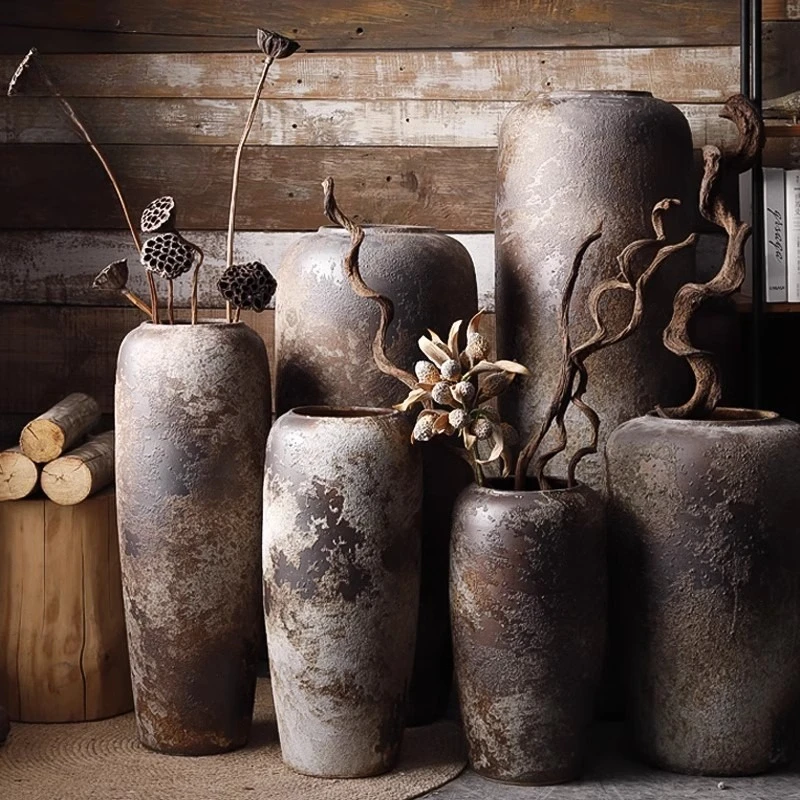 

Living room flower arrangement large floor-to-ceiling pottery pot coarse pottery dried flower decoration modern potter