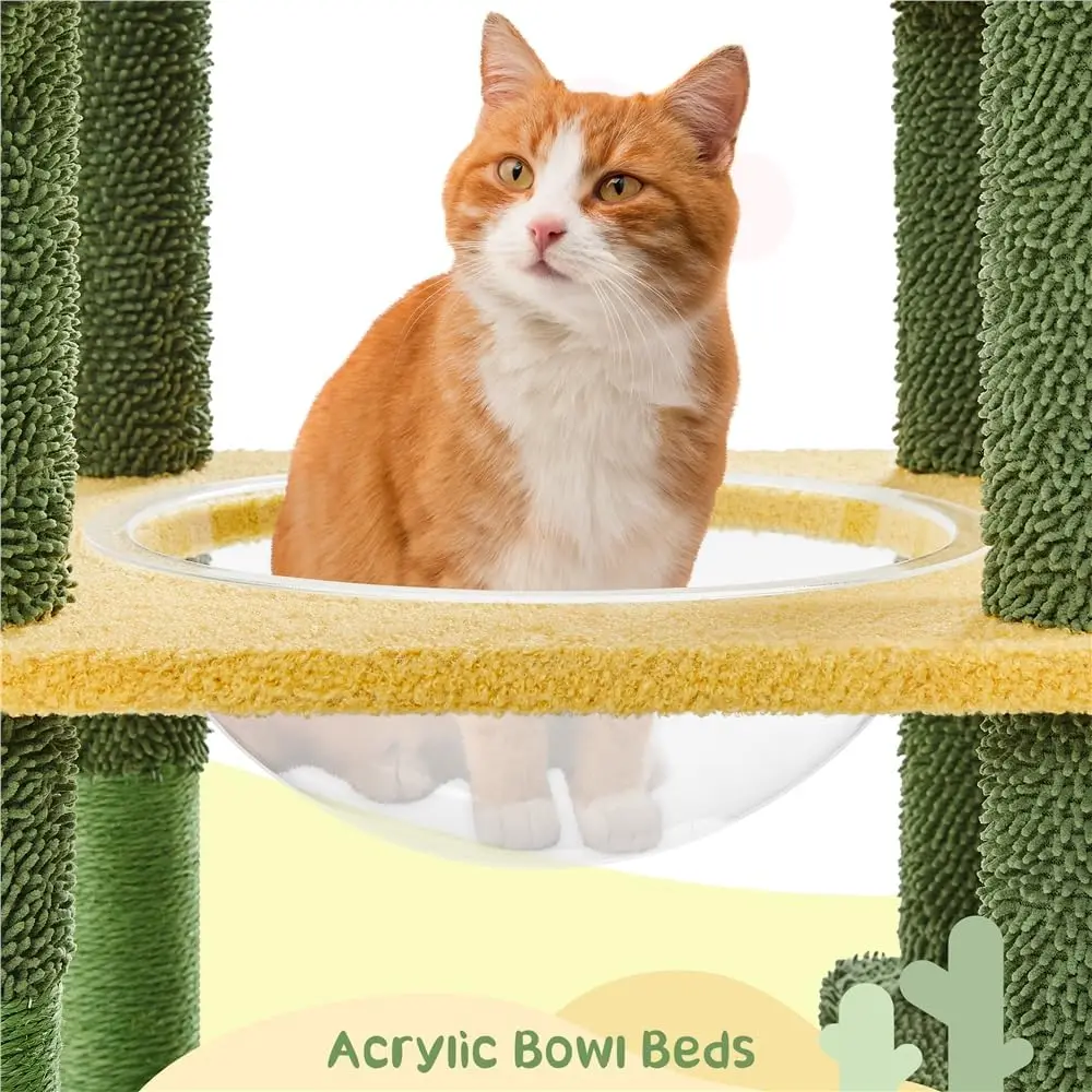 Cactus Cat Tree, 68.5in H Oasis-Themed Cat Tower for Indoor Cats, Extra Large Cat Condo Play House with Flower-Shaped